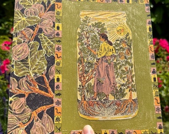 Illustrated Print, Gardener In a Mason Jar, Figs, Sun, Garden, Bees, Bird House, Fruits, Trees.