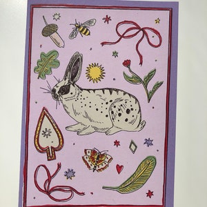 Rabbit Treasures Greetings Card, Bunny, folk art, birthday, congrats, thank you, pink image 5