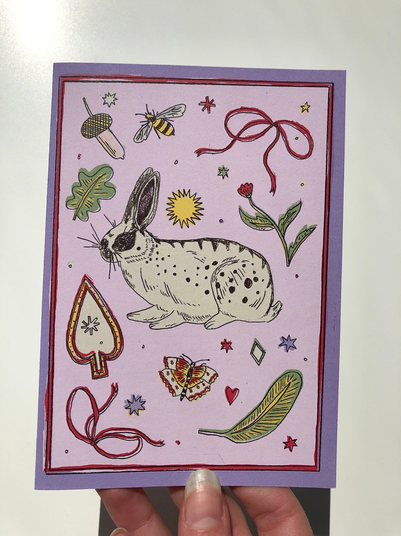Rabbit Treasures Greetings Card, Bunny, folk art, birthday, congrats, thank you, pink image 5