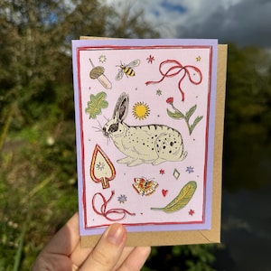 Rabbit Treasures Greetings Card, Hase, Volkskunst, Geburtstag, Herzlichen Glückwunsch, Danke, Pink