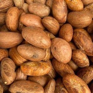 Op de afbeelding: Een close-up afbeelding van een stapel bruine en beige kolanootjes. De noten zijn glad en hebben een licht gerimpelde textuur.