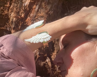 Angel Wing Hammered Brass Cuff Torque Bracelet Hand Carved in Buffalo Bone - Goddess - Mystical - Angelic - Unique Piece