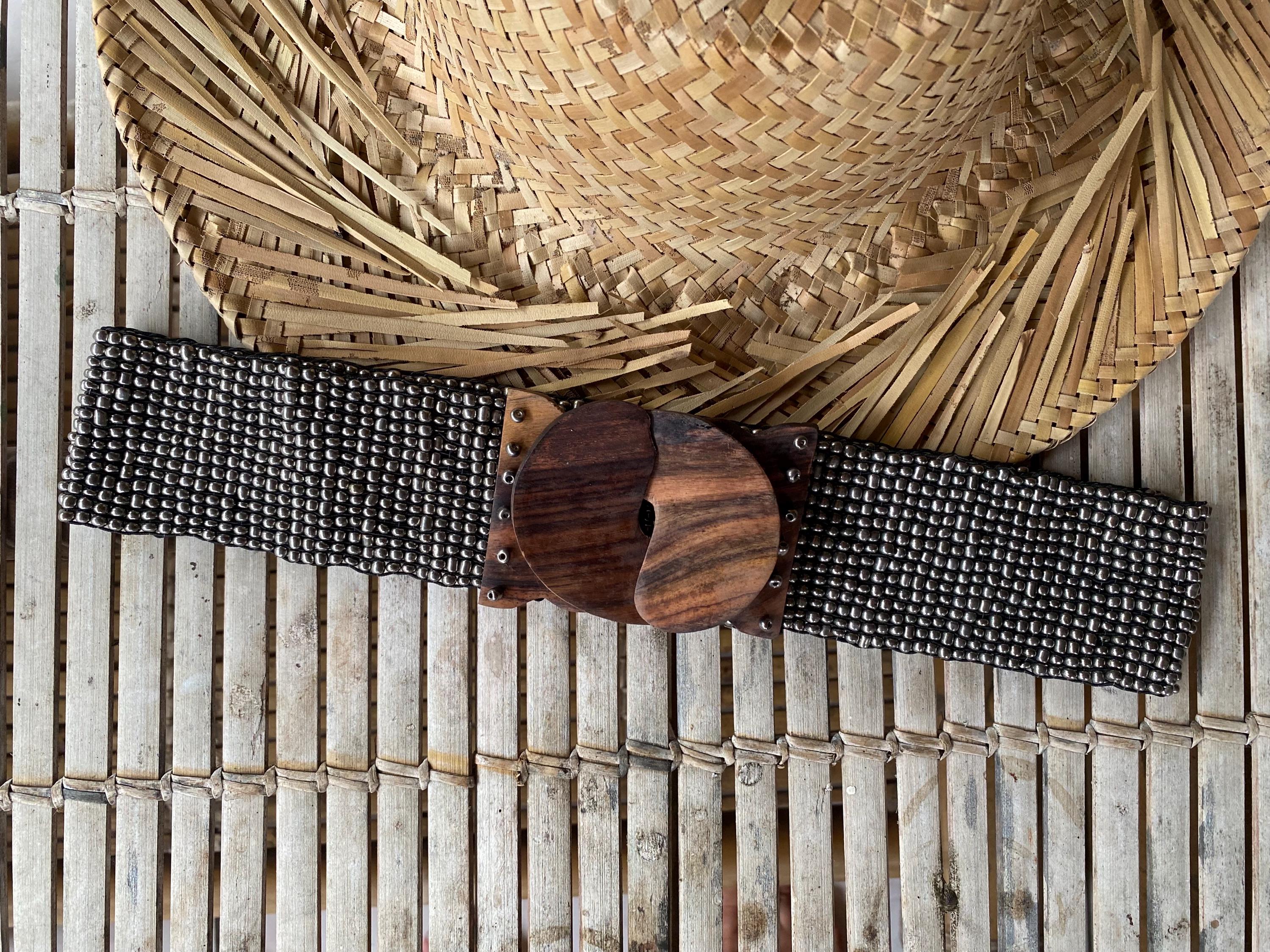 Bali vintage bamboo wrap beaded drop belt Bali Glass Bead Statement Belt with Wood Hook Buckle | Pink  main image 3
