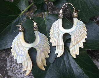 Mother of Pearl Double Angel Wing Earrings - Hand Carved - Unique - Bohemian - Tribal