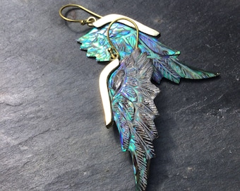 Pendientes de concha de abulón con forma de alas de ángel - Tallados a mano - Únicos - Boho - Tribales - Angelicales - Diosas - Míticos