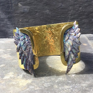 Angel Wing Abalone Shell Hammered Brass Statement Cuff Torque Bracelet- Bohemian - Hand Carved - Goddess - Mystical - Angelic - Unique Piece