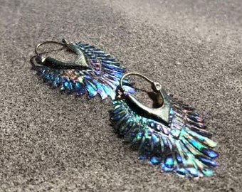 Feathered Wing Abalone Shell Earrings - Hand Carved - Unique Piece - Bohemian - Tribal - Angelic - Goddess - Mythical