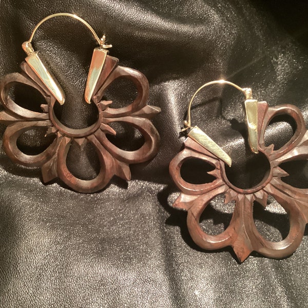 Sono Wood and Brass Flower Burst Earrings - Hand Carved - Unique - Bohemian - Tribal - Statement Earrings