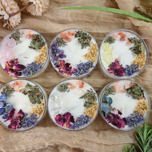 Crystal Intention Candle: Soy Wax Tealight Infuse with Crystals and Organic Botanical
