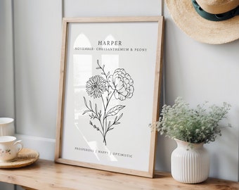 November Birth Flower Print | Chrysanthemum & Peony Flower Wall Art | Birthday Gift For November | Scorpio Birthday Gift | Floral Wall Art