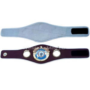 May include: A brown leather boxing championship belt with a gold and blue circular emblem featuring the WBO logo and a globe. The belt has two silver buckles and a black strap.
