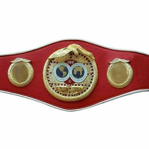 May include: A red and gold boxing championship belt with the words "International Boxing Federation" and "World Champion" on the front. The belt has two gold plates on the sides.
