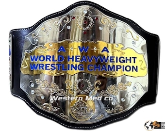 AWA World Heavyweight Championship Replica Title Belt: Genuine Leather 6mm Zinc Plates New