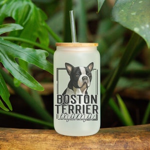 Boston Terrier Mama, Coffee Glass, Frosted Can Glass With Lid, Iced Coffee Glass, Dog Lover Gift, Coffee Cup, Coffee Glass with Lid