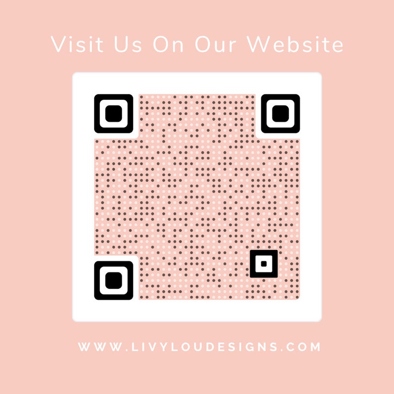 May include: A QR code with a white border and a pink background. The QR code is filled with black dots and squares. The text "Visit Us On Our Website" is at the top, and the website address is at the bottom.