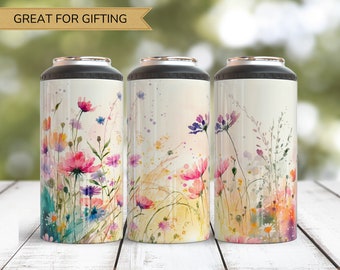 Watercolor Wild Flower Can Cooler, 4 in 1 Can Cooler, Insulated Beverage Holder, Drink Cozy, Holiday Gift Idea, Gifts under 30