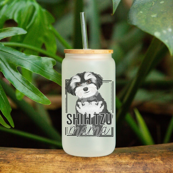 Shihtzu Mama, Coffee Glass, Frosted Can Glass With Lid, Iced Coffee Glass, Dog Lover Gift, Coffee Cup, Coffee Gift, Coffee Glass with Lid