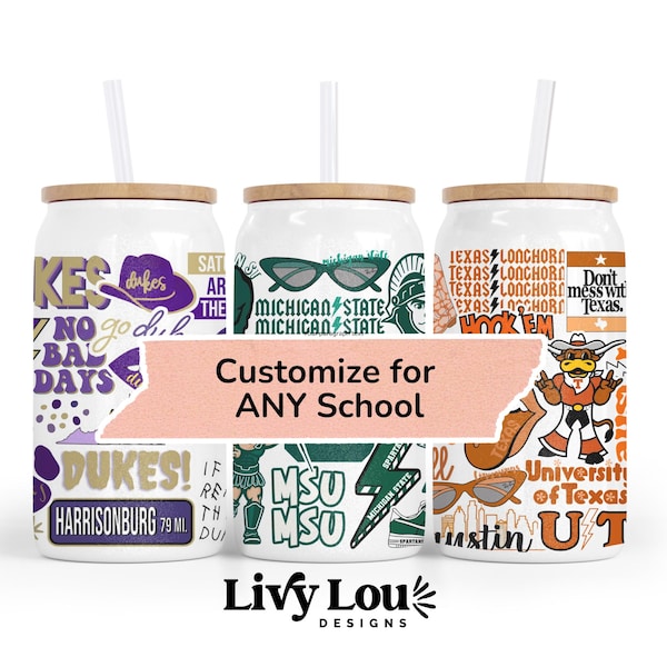 Custom College Sipper Glass Cup | College Merch | College Graduation Gifts | Trendy Sipper Cup | Coffee Mug | Dorm Decor for College Girls