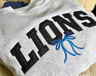 Glitter Embroidered Custom Team or School Mascot Crewneck Sweatshirt of Hoodie With Bow