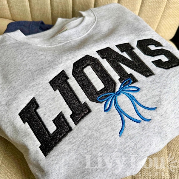 Glitter Embroidered Custom Team or School Mascot Crewneck Sweatshirt of Hoodie With Bow