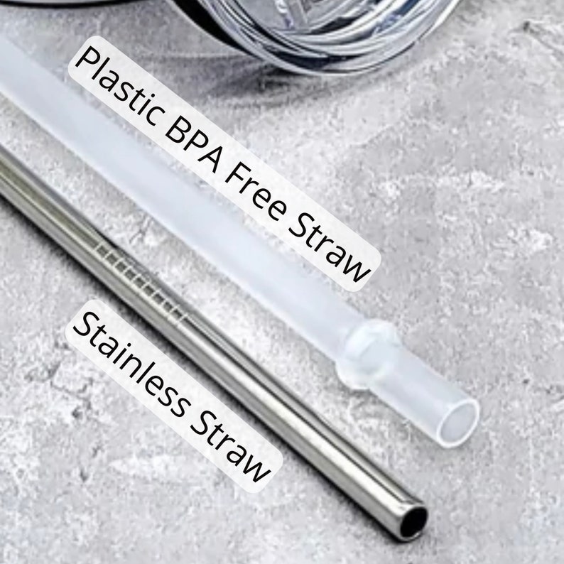 May include: Close-up of two straws: a clear plastic BPA-free straw and a stainless steel straw. The text on the image reads "Plastic BPA Free Straw" and "Stainless Straw". The straws are angled across a textured, light gray surface.