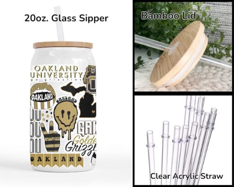 K&ouml;nnte beinhalten: Ein wei&szlig;er 591 ml Glasbecher mit Bambusdeckel und klarem Acrylstrohhalm. Der Becher hat Aufkleber mit "OAKLAND UNIVERSITY" und "Golden Grizz". Das Design umfasst einen B&auml;ren, ein Smiley und ein Friedenszeichen.