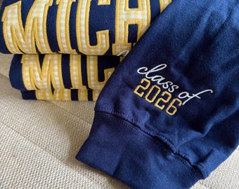 Gingham Embroidered Varsity Sweater, Custom Gingham Applique, Game Day Gear, Gifts for her, Personalized Sweatshirt, Custom Bed Party Gift