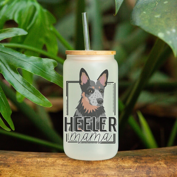 Heeler Mama, Coffee Glass, Frosted Can Glass With Lid, Iced Coffee Glass, Dog Lover Gift, Coffee Cup, Coffee Gift, Coffee Glass with Lid