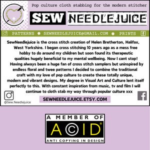 May include: A pink and white graphic with the text "Sew Needlejuice" in a bold, white font. The text "Pop culture cloth stabbing for the modern stitcher" is above the main text. The graphic also includes social media icons and the text "SewNeedlejuice.etsy.com".