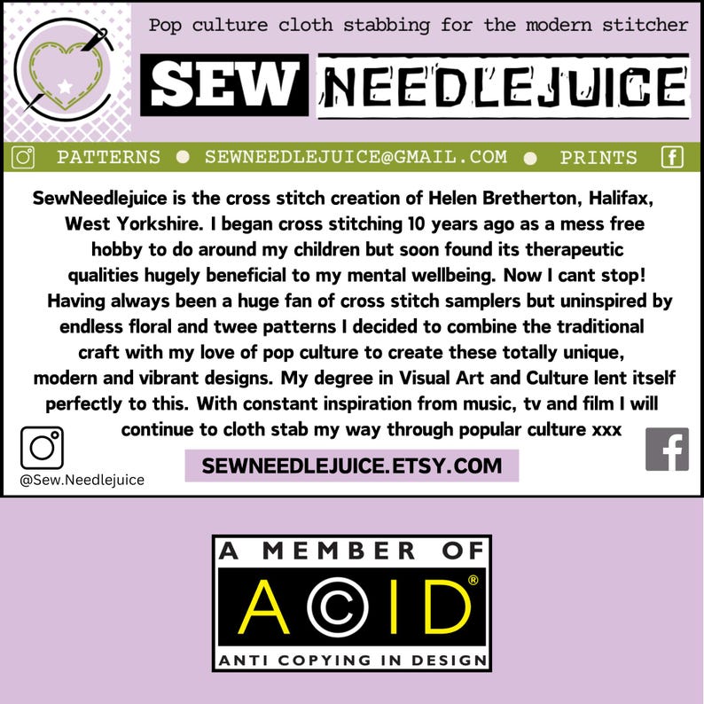 May include: A pink and white graphic with the text "Sew Needlejuice" in a bold, white font. The text "Pop culture cloth stabbing for the modern stitcher" is above the main text. The graphic also includes social media icons and the text "SewNeedlejuice.etsy.com".