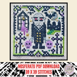 May include: Cross stitch pattern featuring a black and white illustration of Count Orlok from the film Nosferatu. The pattern is 39 x 39 stitches and includes a moon, bats, and skulls.