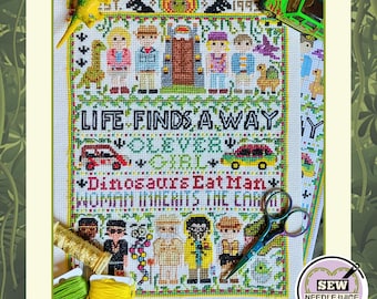 Jurassic Dinosaur Cross Stitch Pattern, Digital PDF Download, Modern Needlework, Movie Quote, Dinosaurs