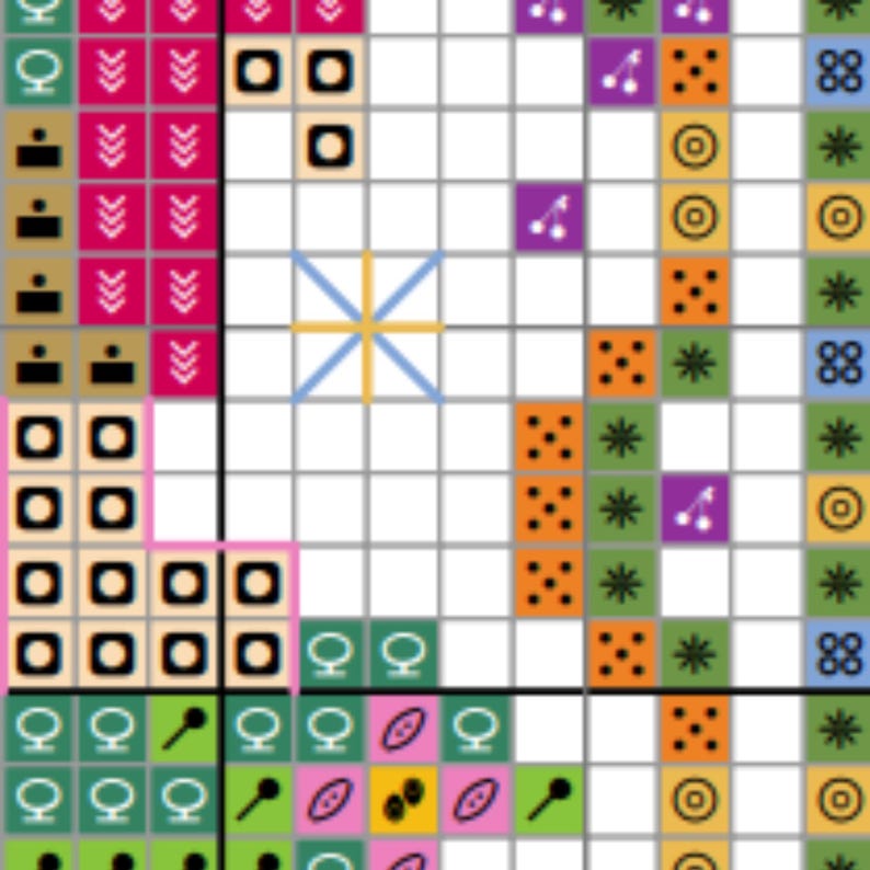 May include: A colorful cross stitch pattern with a variety of symbols, including circles, stars, and arrows. The pattern is stitched on a white background.