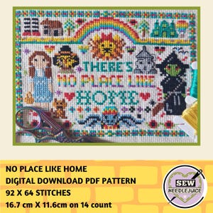Op de afbeelding: Een kruissteekpatroon met een kleurrijk ontwerp met de tekst "There's No Place Like Home". Het patroon bevat een regenboog, een leeuw, een huis en een heks. Het patroon is 92 steken breed en 64 steken hoog en meet 16,7 cm bij 11,6 cm op 14-count stof.