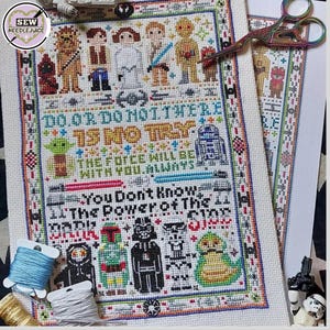 Peut inclure: Motif de point de croix représentant des personnages de Star Wars, notamment Yoda, Dark Vador, Chewbacca, R2-D2 et C-3PO. Le motif comprend la citation "Faire ou ne pas faire, il n'y a pas d'essai." et "Tu ne connais pas le pouvoir de la Force."