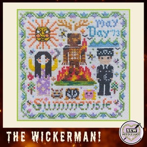 May include: Cross-stitch pattern featuring a scene from the film The Wicker Man. The pattern includes a man in a bear costume, a woman in a purple dress, a policeman, and a sun. The text "May Day '73" is included in the pattern.