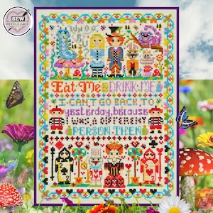 Alice im Wunderland Kreuzstichmuster: Rote Königin, verrückte Hutmacherin (PDF Digital Download)
