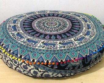 Large Round Floor Cushion Cover - Decorative Floor Cushions Indian Handmade Cotton Pet Bed Pillowcase Home Décor Throw