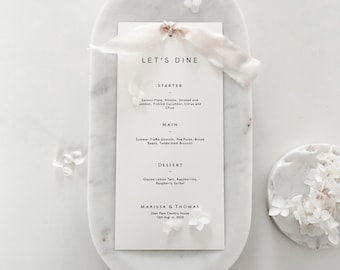 Modern Wedding Menu with Silk Ribbon, Personalized Dinner Menu