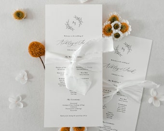 Minimal Romantic Wedding Program Card with Ribbon, Wedding Order of Service, Wedding Order of Events Card, Order of the Day Program Card
