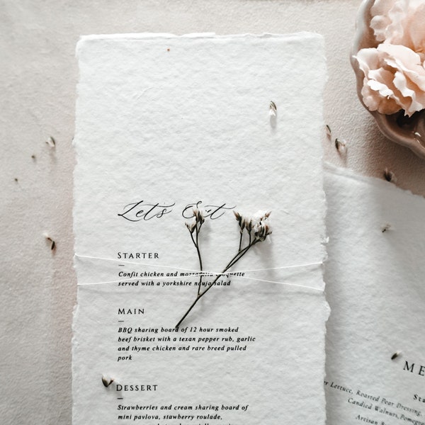 Personalised Handmade Paper Wedding Menus with Dried White Flowers, Handmade Paper Printed Menu Cards