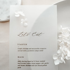 Carta menu di nozze minimal ed elegante, carta menu per cena di nozze in pergamena trasparente, carta menu semplice, carte menu di nozze personalizzate