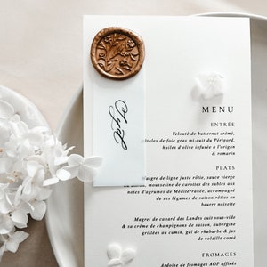 Tarjeta de menú de boda elegante, menú de cena de boda con sello de cera, tarjeta de menú simple mínima, menú de cena de recepción de boda