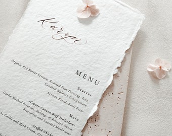 Handmade Paper Wedding Menu Cards, Personalised Wedding Dinner Menu, Wedding Reception Dinner Card, Deckled Cotton Paper Menu