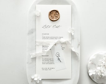 Elegant Wax Seal Wedding Menu Card, Printed Dinner Menu Card, Wedding Table Place Setting Decor, Minimal Menu Card, Optional Guest Name Tag