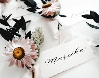 Wedding Place Cards with Eucalyptus and Pink Flowers