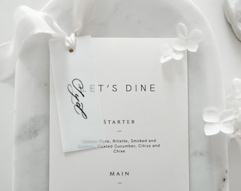 Modern Wedding Dinner Menu Card with Calligraphy Name Tags, Tied with Silk Ribbon, Wedding Table Place Setting Decor, Printed Menu Card