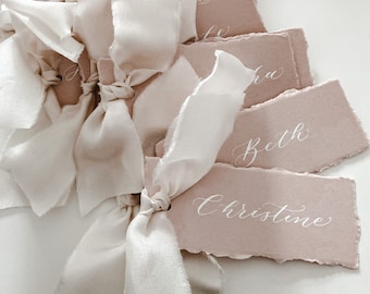 Blush Pink Wedding Place Cards with Ivory Silk Ribbon, Deckled Edge Card