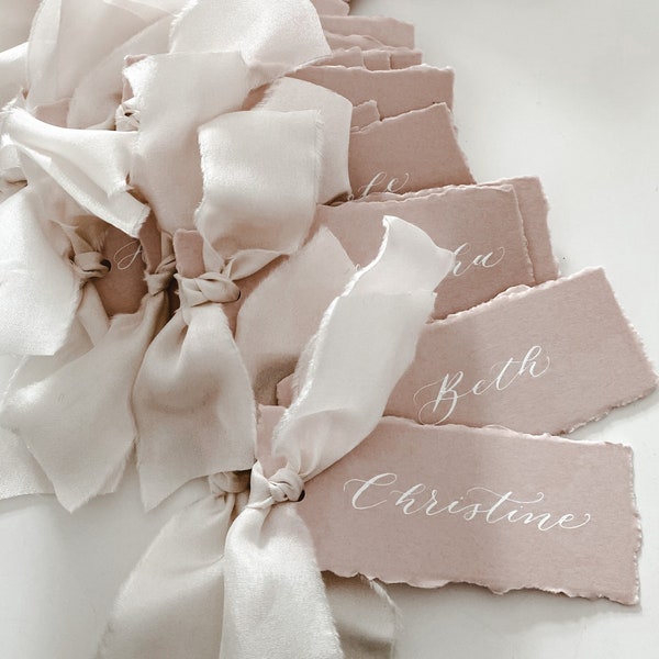 Blush Pink Wedding Place Cards with Ivory Silk Ribbon, Deckled Edge Card