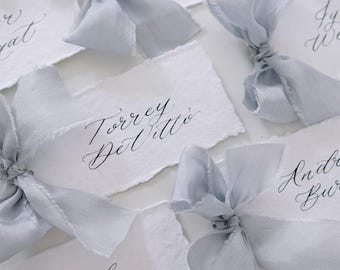 Handmade Wedding Place Cards: Calligraphy with Silk Ribbon